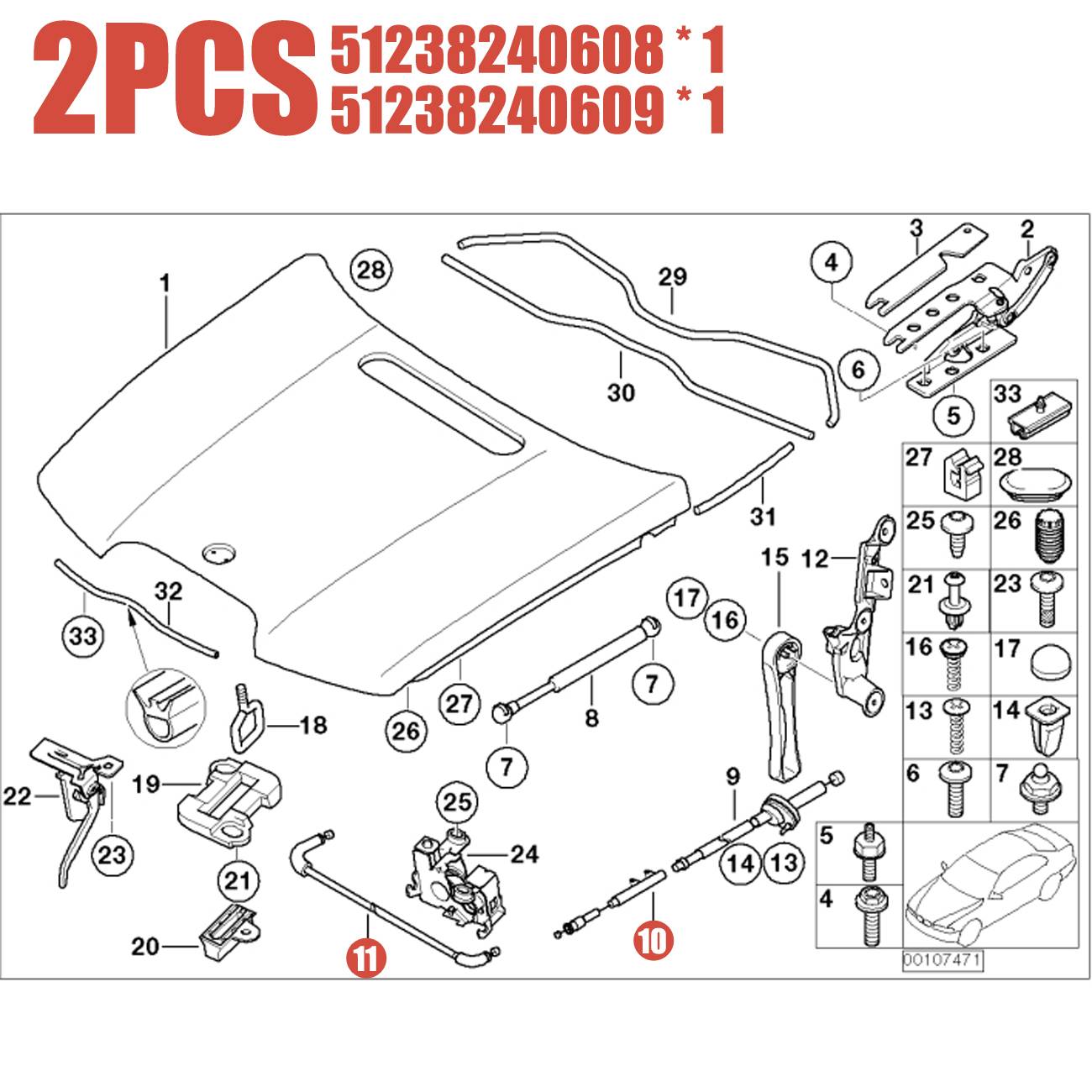 Sada 2 předních a středních lanek otevírání kapoty Bowden pro BMW řady 7 E65 51238240609 angle 3