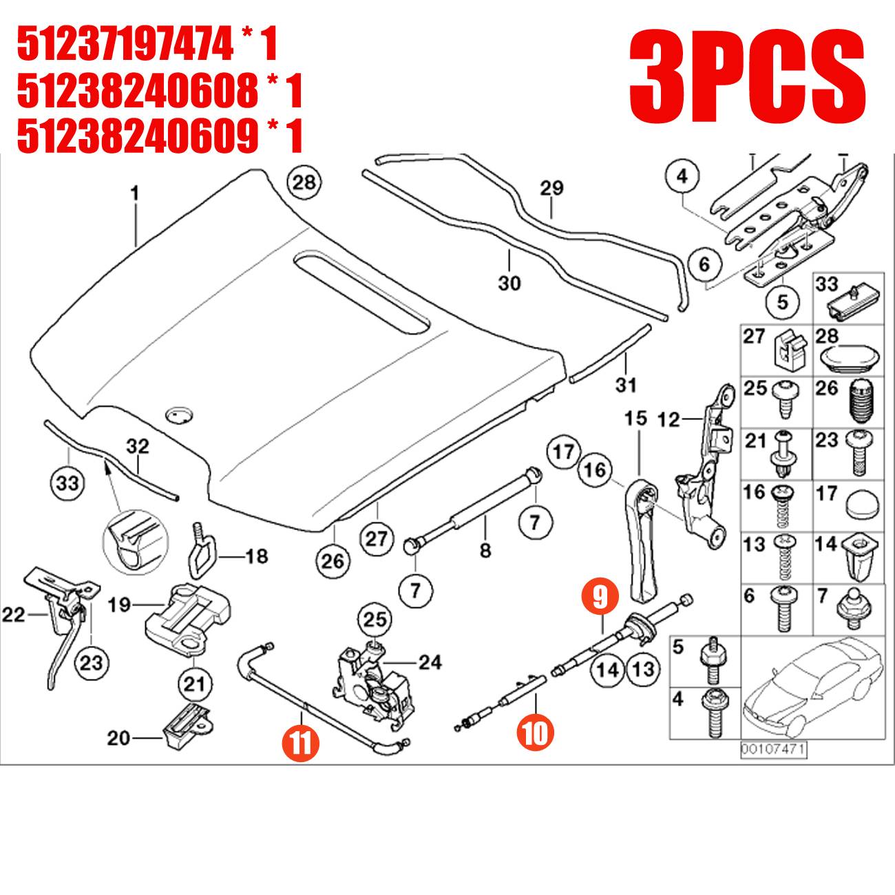 Sada 3 Bowdenových lanek otevírání kapoty motoru pro BMW E65 E66 řady 7 51237197474 angle 3